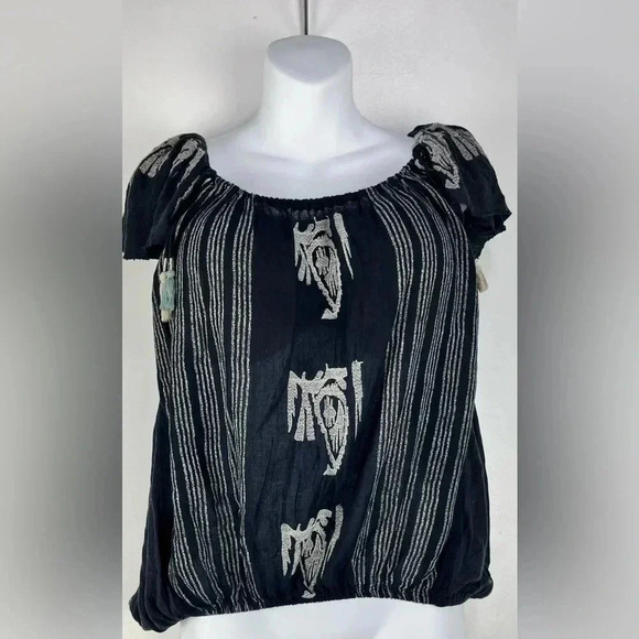 FREE PEOPLE  Black Embroidered Short Sleeve Peasant Top - Picture 4 of 7